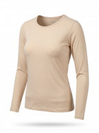 A women's long-sleeve crewneck top in a solid light beige color, shown on an invisible mannequin against a plain white background.