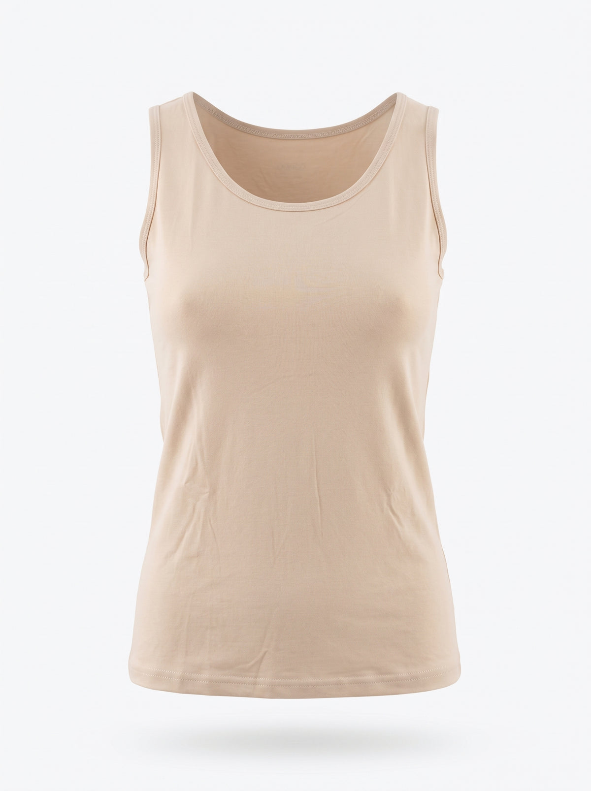 A sleeveless scoop-neck tank top in a light beige color, shown on a clean white background with a soft drop shadow.