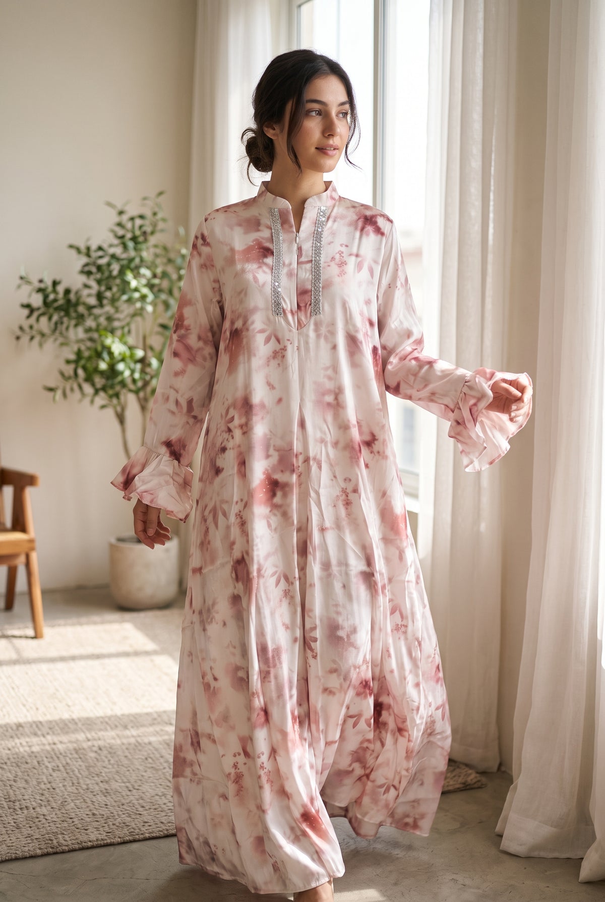 Floral Satin Maxi Dress with Long Sleeves