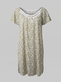 A short-sleeve nightgown with a white floral pattern on an olive green base, featuring a scalloped lace-trimmed neckline, shown against a solid gray background.