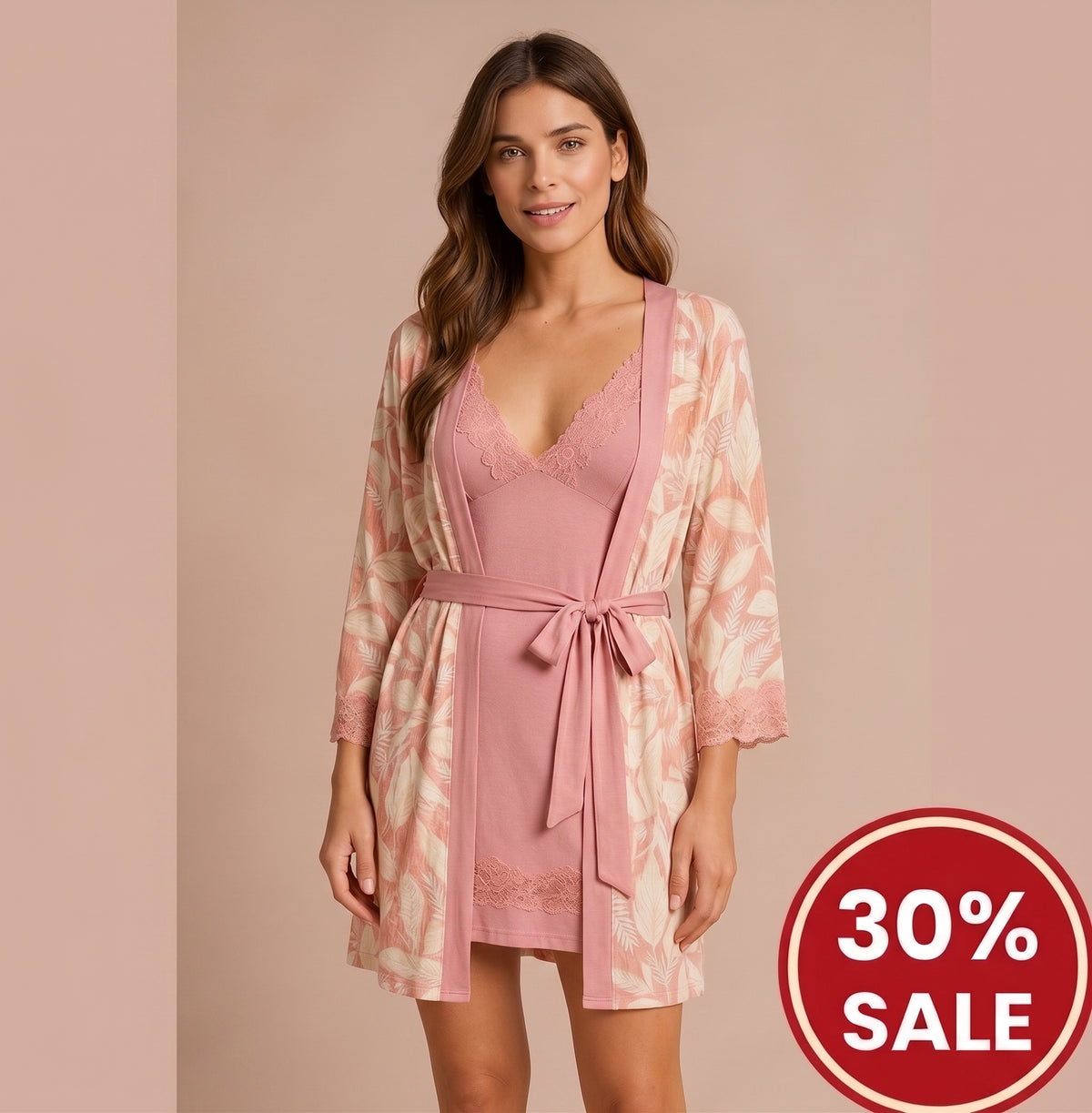 Pink nightgown with elegant lace robe