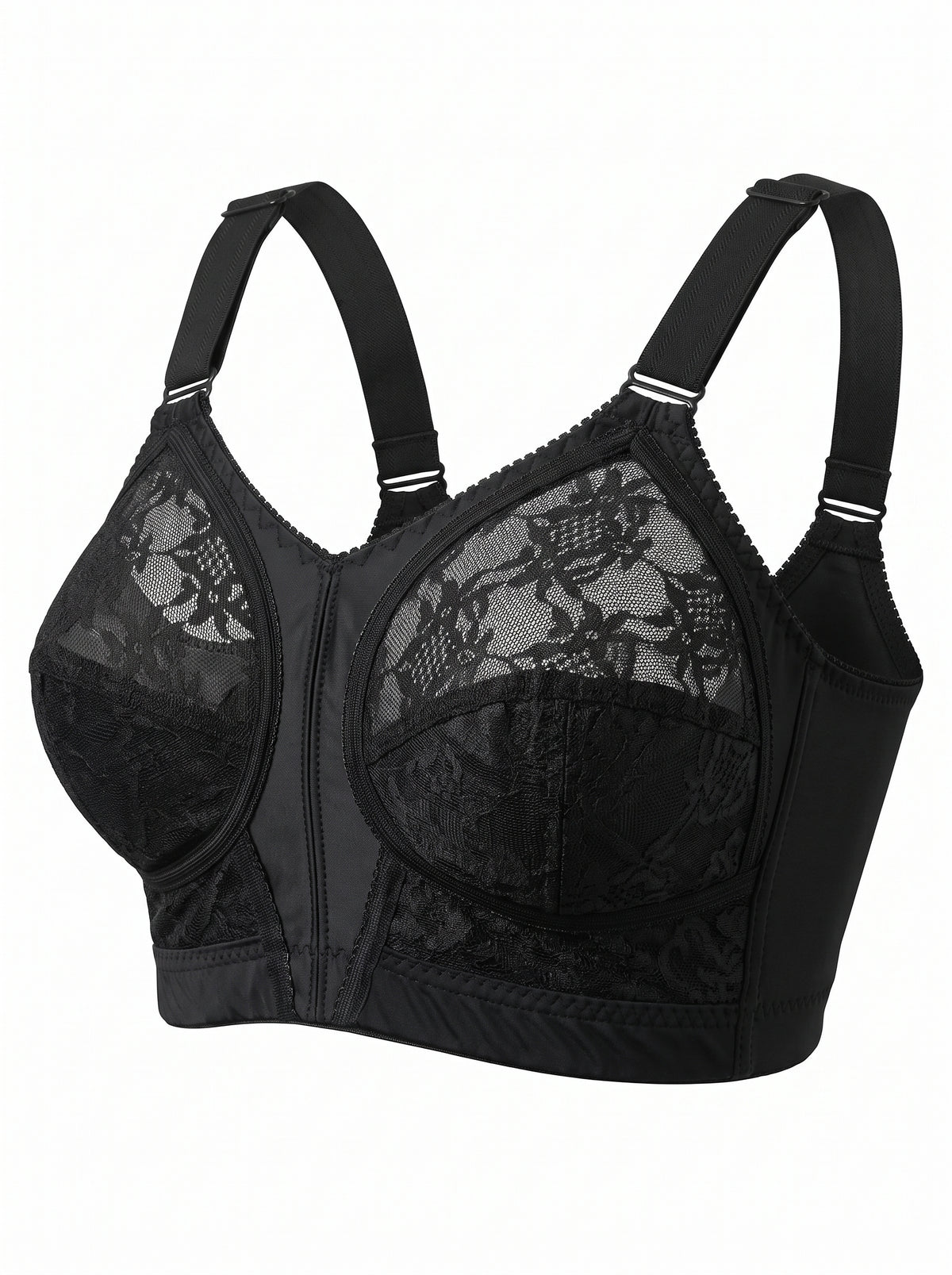 Black lace and mesh underwire bra with adjustable shoulder straps and a center front zipper, shown on a plain white background.