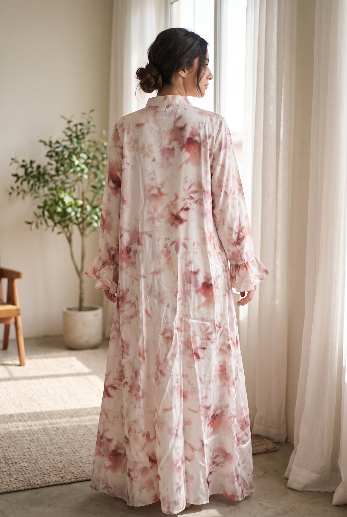Floral Satin Maxi Dress with Long Sleeves