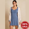 Blue nightgown with floral beige robe