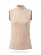 A sleeveless mock neck top in a light beige or nude color, displayed on an invisible mannequin against a plain white background.