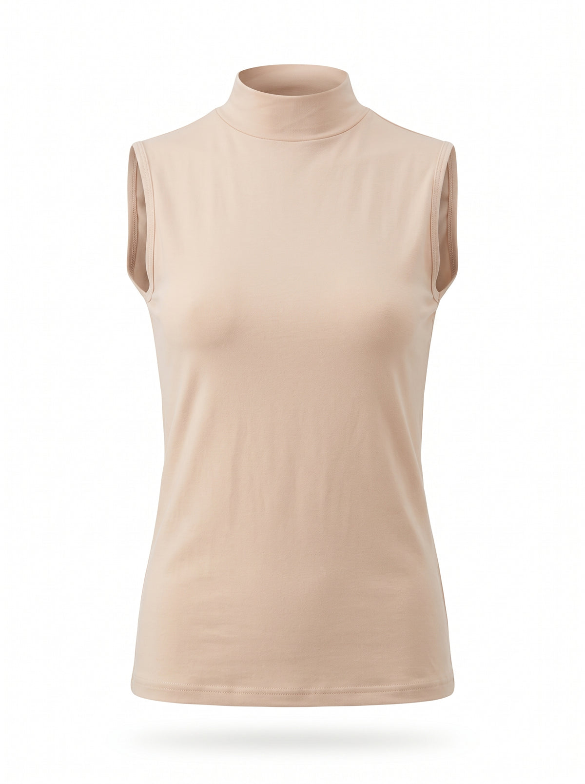 A sleeveless mock neck top in a light beige or nude color, displayed on an invisible mannequin against a plain white background.