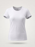 A white short-sleeve crewneck t-shirt displayed on a ghost mannequin against a light beige background.