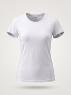 A white short-sleeve crewneck t-shirt displayed on a ghost mannequin against a light beige background.