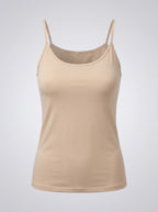 A beige camisole tank top with thin spaghetti straps, displayed on an invisible mannequin against a light gray gradient background.