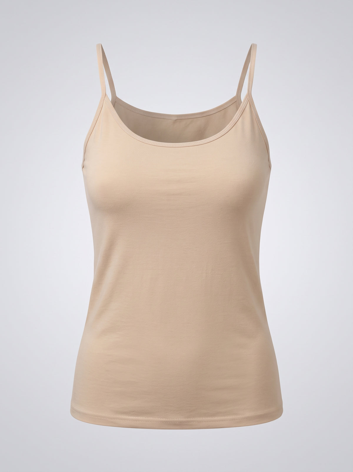 A beige camisole tank top with thin spaghetti straps, displayed on an invisible mannequin against a light gray gradient background.