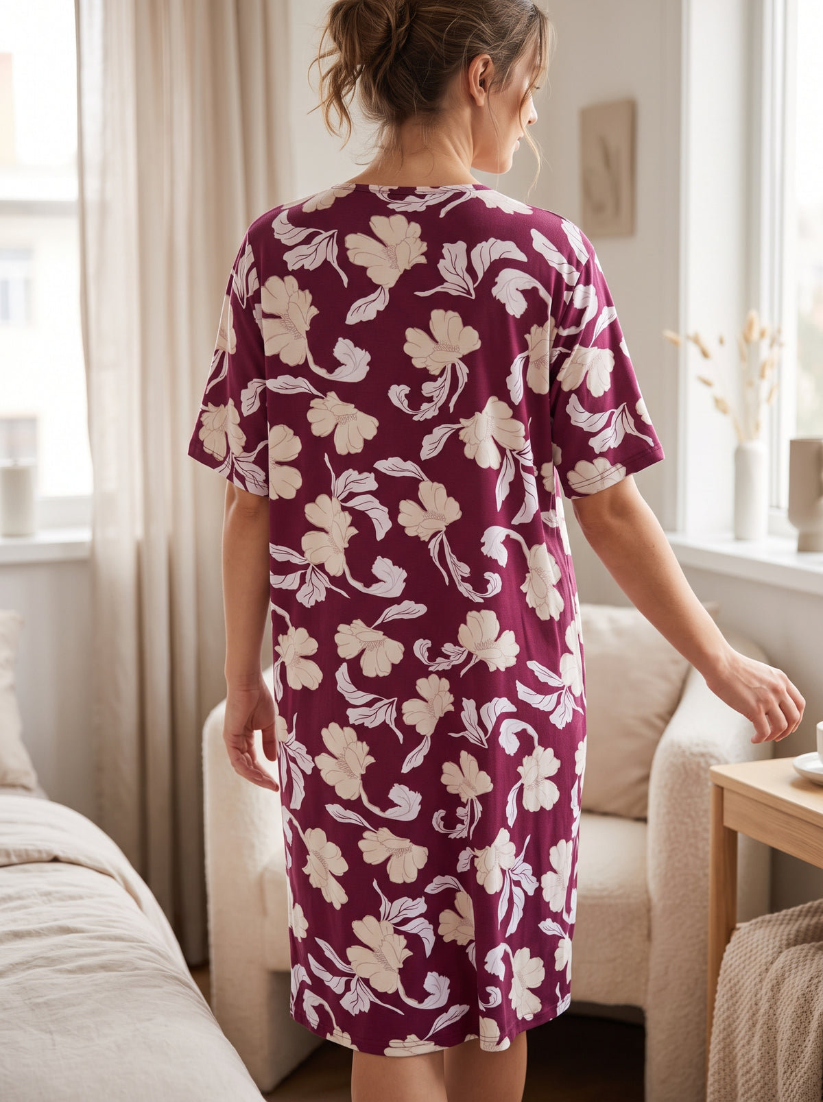 Women's home dress with floral print and lace