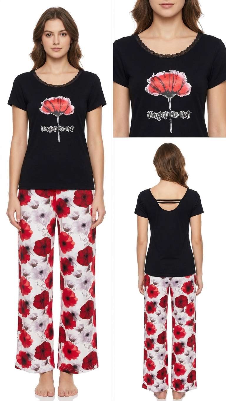 Women's pajama set with wide-leg pants and lace