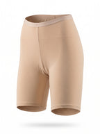 Beige seamless compression shorts with a wide waistband, shown on a clean white background with a soft drop shadow.