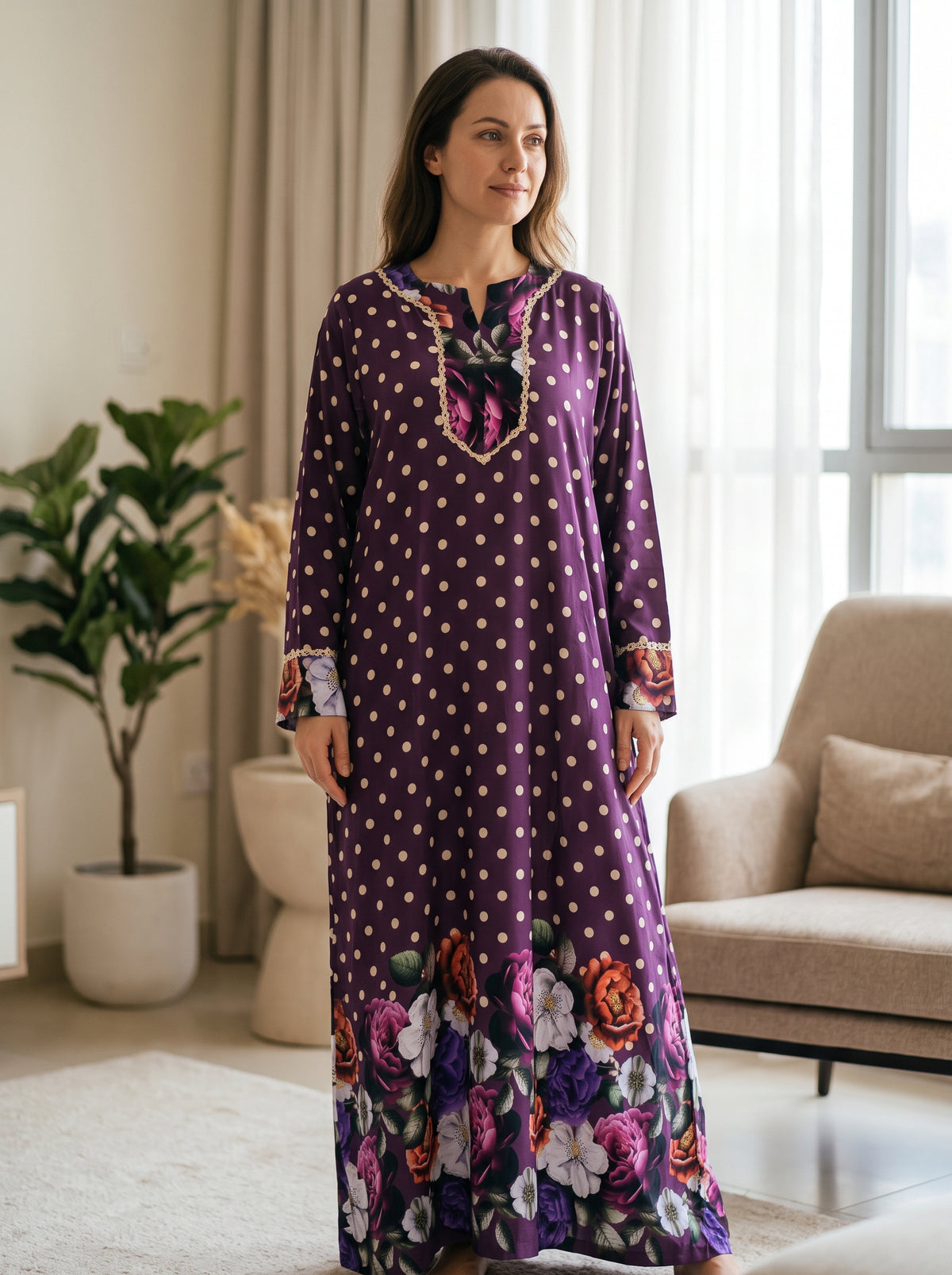 Long and comfortable women's long-sleeve viscose dress   