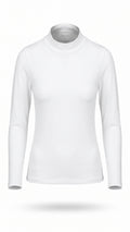 A white long-sleeve mock neck athletic top displayed on an invisible mannequin against a clean white background.
