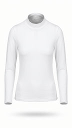 A white long-sleeve mock neck athletic top displayed on an invisible mannequin against a clean white background.