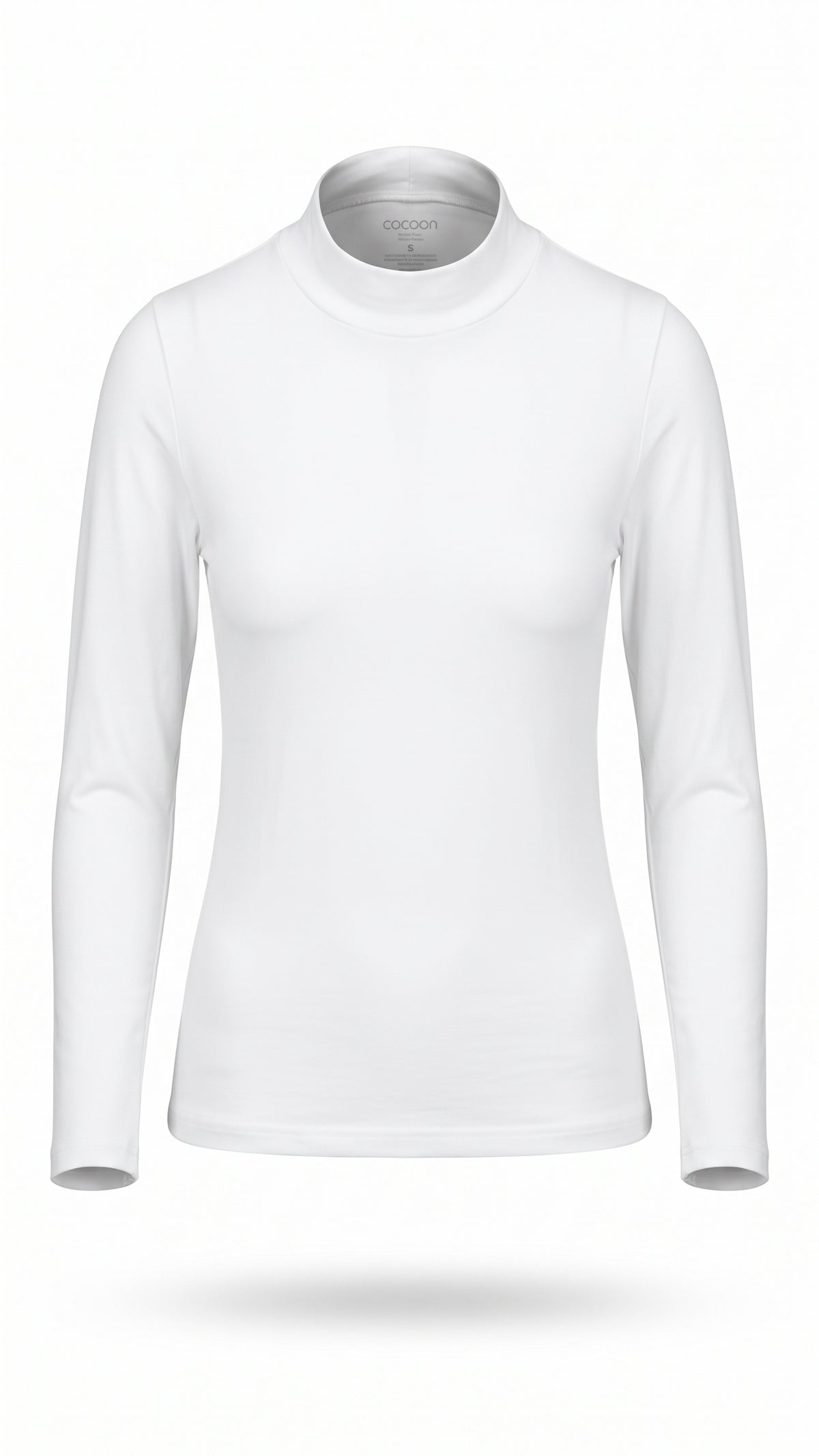 A white long-sleeve mock neck athletic top displayed on an invisible mannequin against a clean white background.