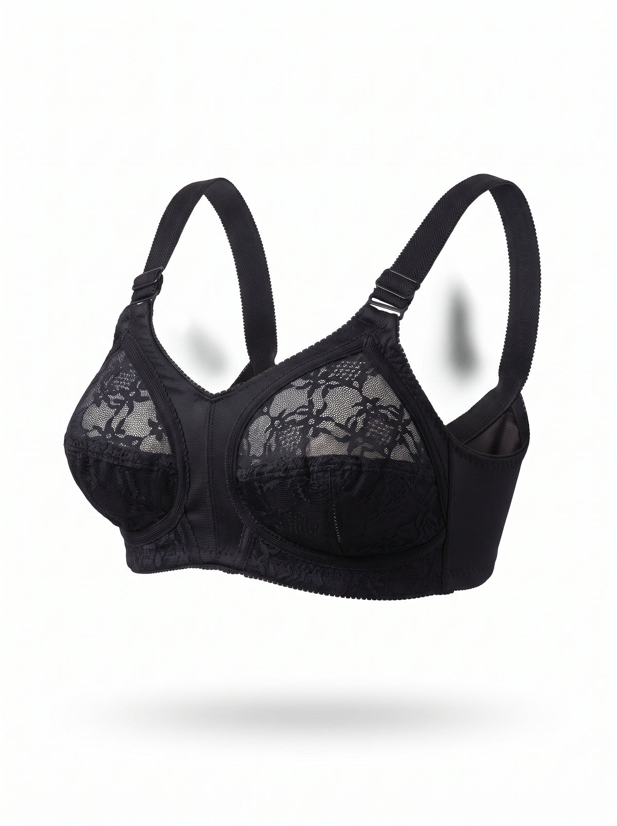 Black lace and mesh underwire bra with adjustable shoulder straps, shown on a plain white background with a soft drop shadow.