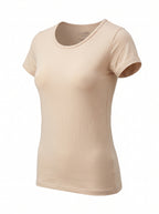 A light beige short-sleeve scoop neck t-shirt displayed on an invisible mannequin against a plain white background.