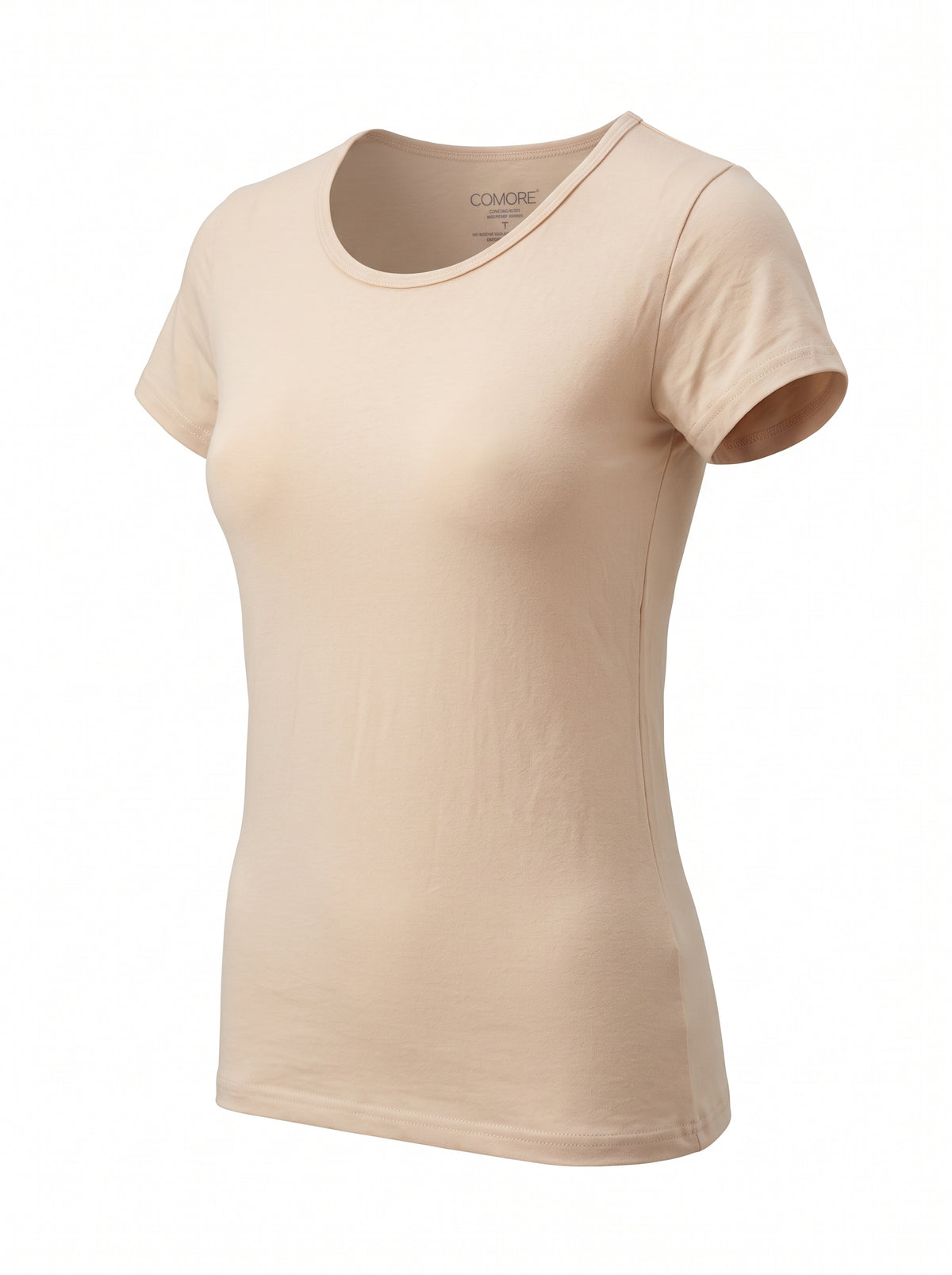 A light beige short-sleeve scoop neck t-shirt displayed on an invisible mannequin against a plain white background.