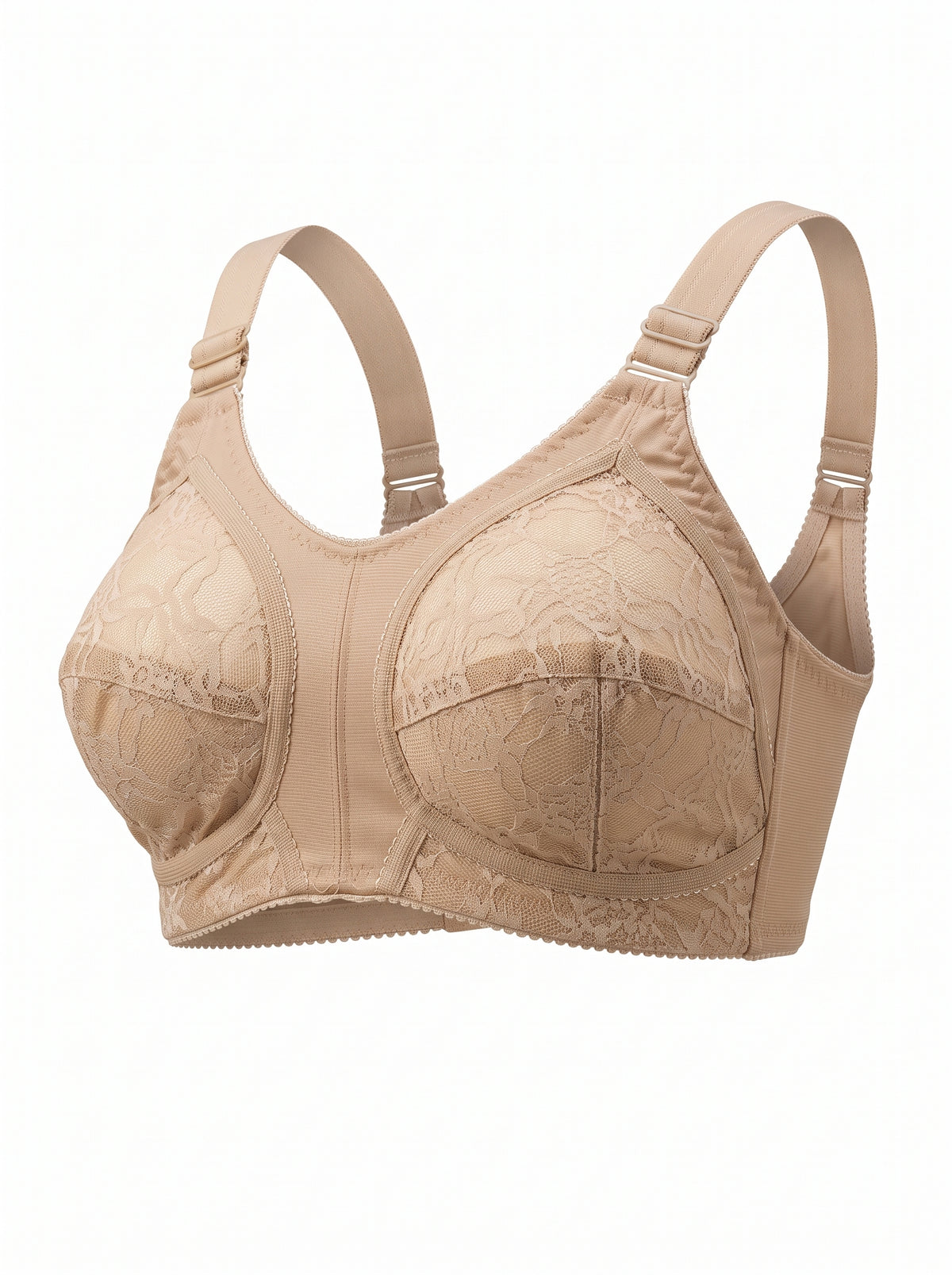 A beige wireless underwire bra with lace-trimmed cups and adjustable shoulder straps, shown on a plain white background.
