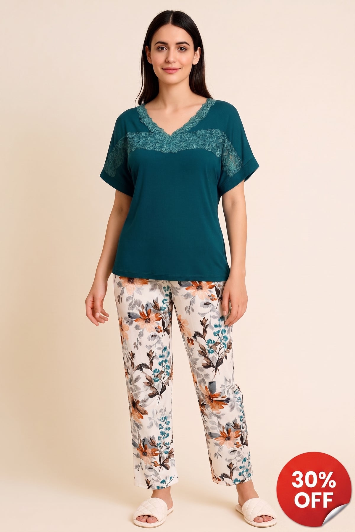 Women's short-sleeve pajama set: green top and floral pants