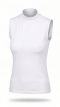 A white sleeveless mock neck athletic tank top displayed on a ghost mannequin against a plain white background.