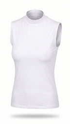 A white sleeveless mock neck athletic tank top displayed on a ghost mannequin against a plain white background.