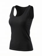 A black sleeveless scoop-neck tank top shown on a ghost mannequin against a plain white background.