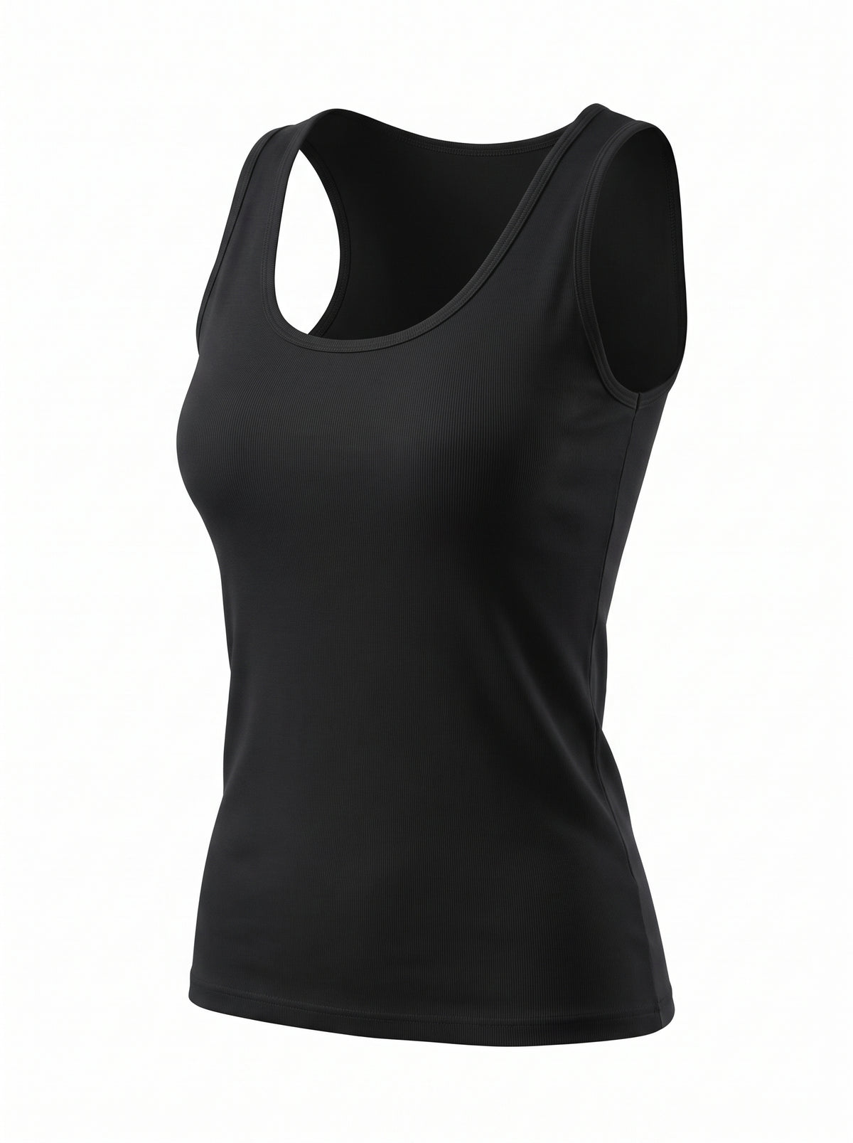 A black sleeveless scoop-neck tank top shown on a ghost mannequin against a plain white background.