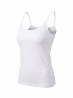 A white sleeveless camisole tank top with thin shoulder straps, shown on a plain white background.