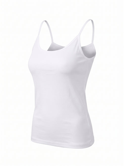 A white sleeveless camisole tank top with thin shoulder straps, shown on a plain white background.