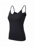 A black spaghetti-strap camisole tank top displayed on an invisible mannequin against a plain white background.