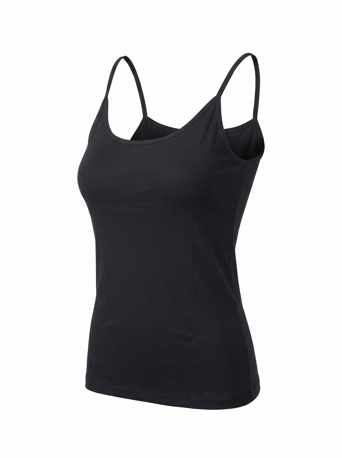 A black spaghetti-strap camisole tank top displayed on an invisible mannequin against a plain white background.