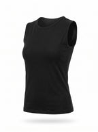 A black sleeveless crewneck tank top displayed on a clean white background with a soft drop shadow.