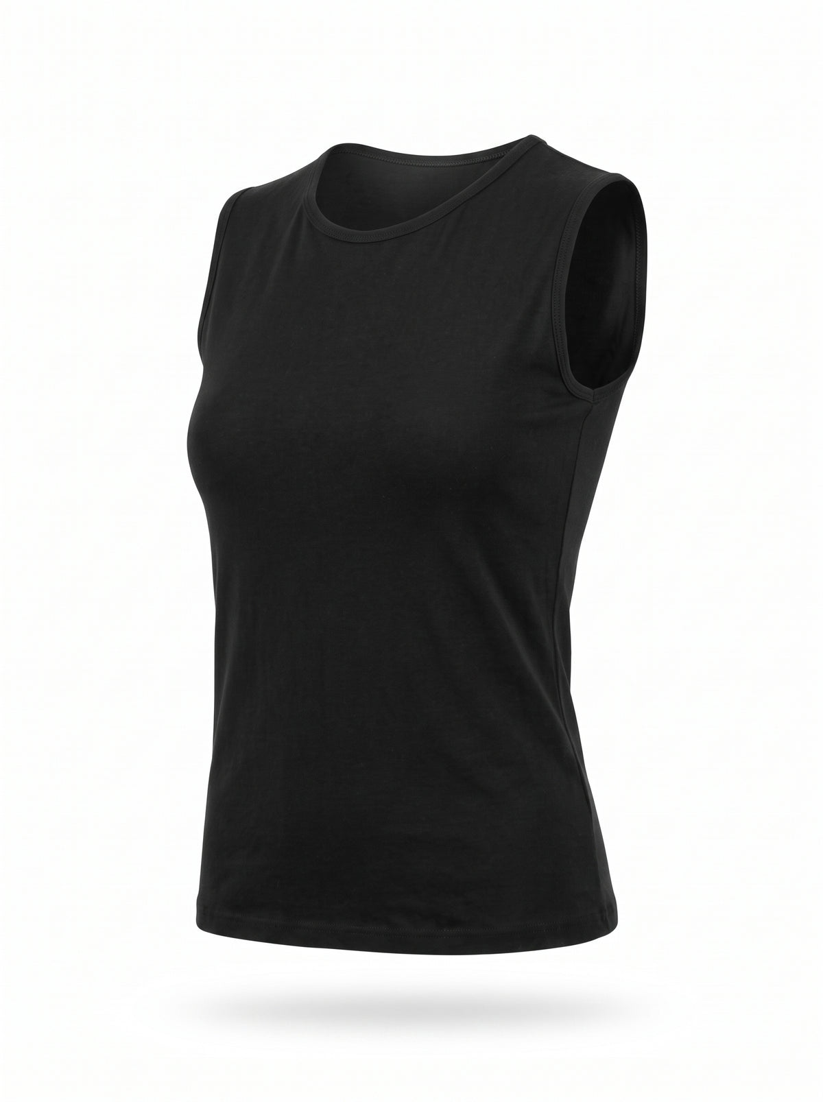 A black sleeveless crewneck tank top displayed on a clean white background with a soft drop shadow.