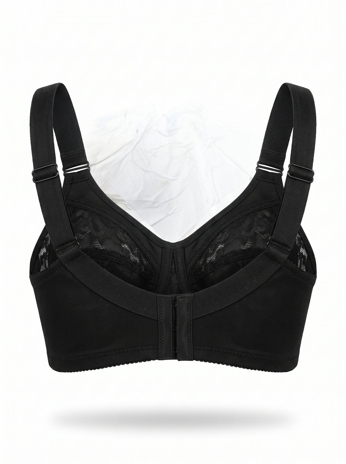 A black wireless underwire bra with adjustable shoulder straps, a center gore, and sheer lace cups, displayed against a white background.