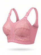 A pink wireless underwire bra with floral lace cups and adjustable shoulder straps, shown on a clean white background.