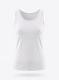 A plain white sleeveless tank top with a wide scoop neckline, shown floating against a light gray background.