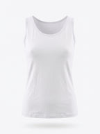 A plain white sleeveless tank top with a wide scoop neckline, shown floating against a light gray background.