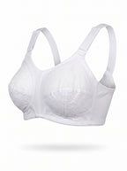 White wireless underwire bra with adjustable shoulder straps and a subtle lace overlay on the cups, shown against a plain white background.