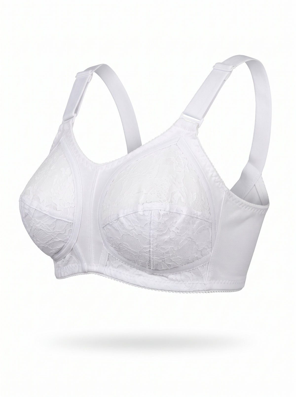 White wireless underwire bra with adjustable shoulder straps and a subtle lace overlay on the cups, shown against a plain white background.