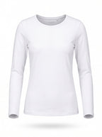 A white long-sleeve crewneck t-shirt displayed on a ghost mannequin against a plain white background.