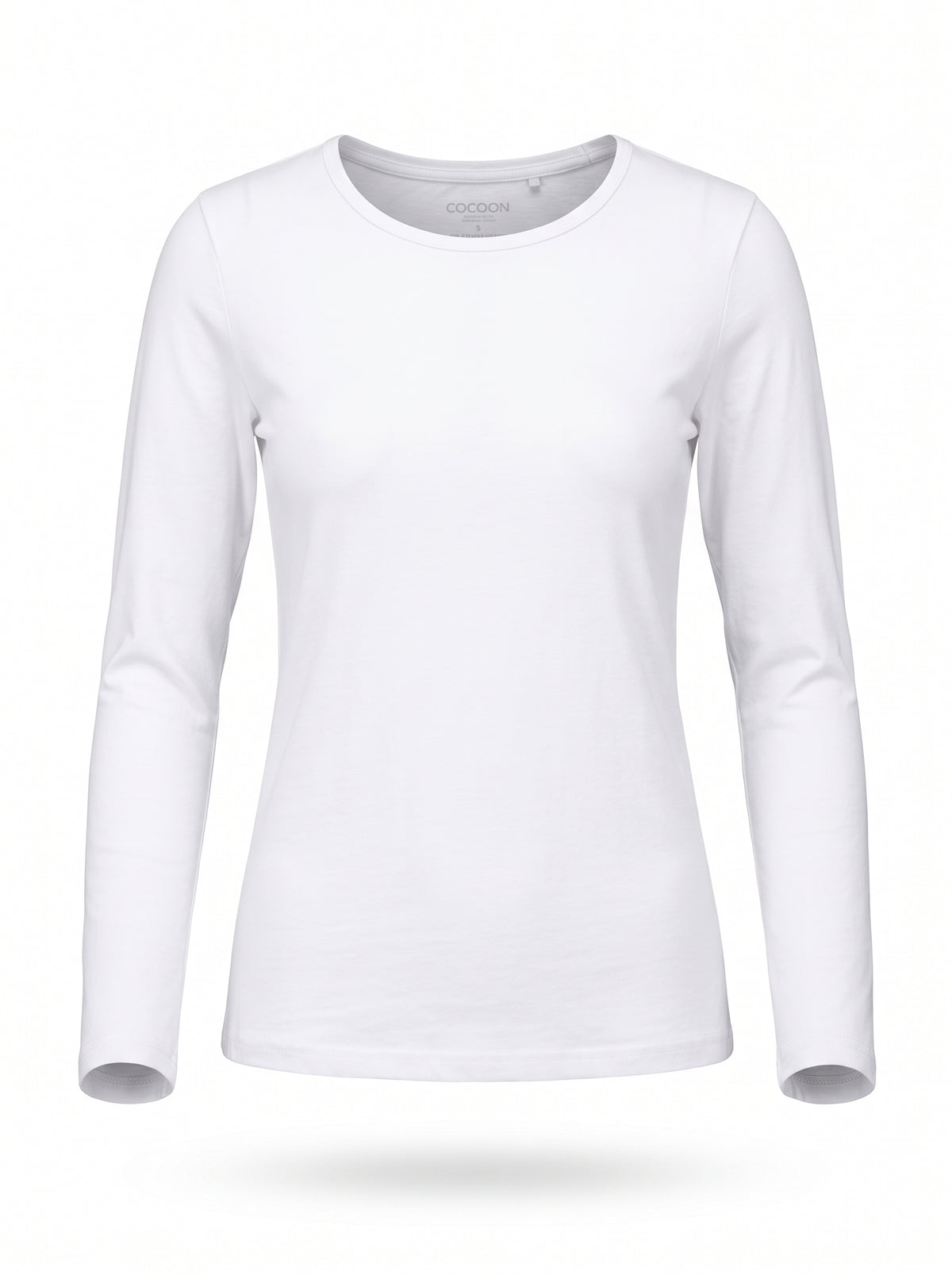 A white long-sleeve crewneck t-shirt displayed on a ghost mannequin against a plain white background.
