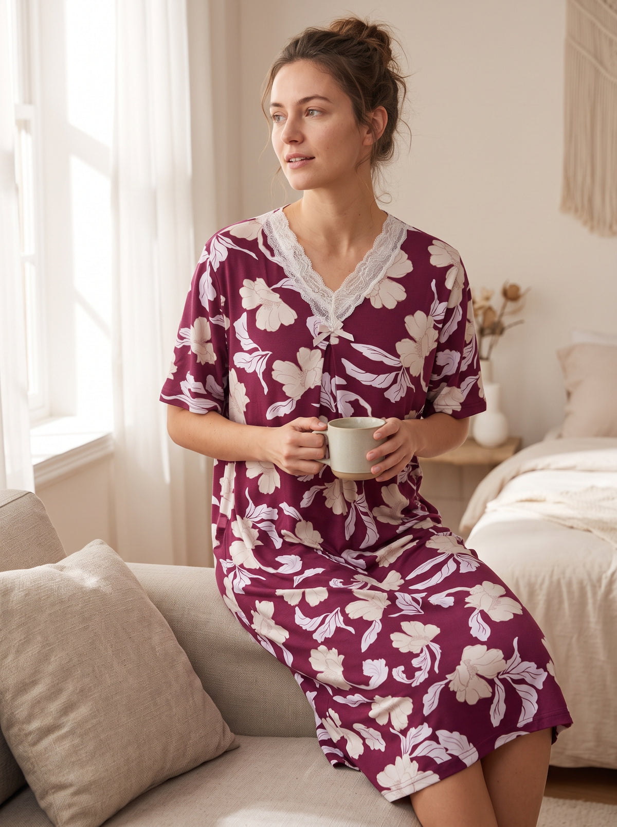 Women's home dress with floral print and lace
