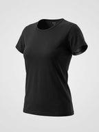 A black short-sleeve crewneck t-shirt displayed on an invisible mannequin against a light gray background.