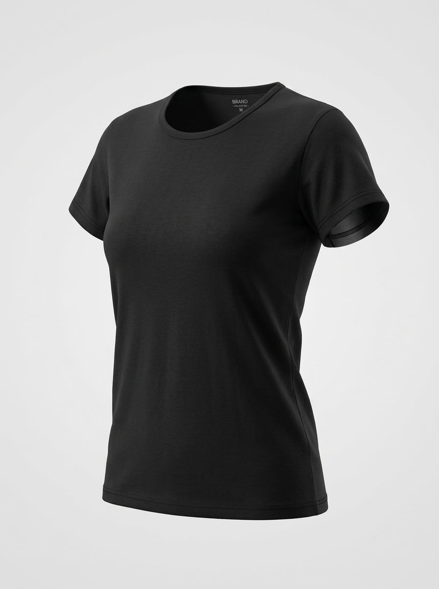 A black short-sleeve crewneck t-shirt displayed on an invisible mannequin against a light gray background.