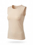 A sleeveless crew-neck tank top in a light beige or nude color, shown floating against a plain white background.