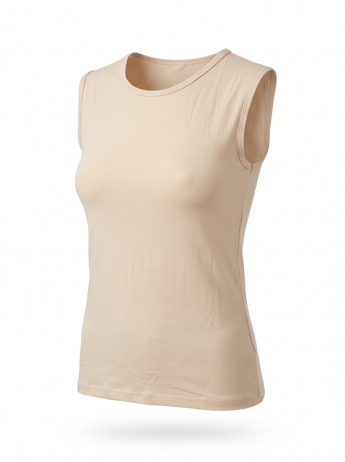 A sleeveless crew-neck tank top in a light beige or nude color, shown floating against a plain white background.
