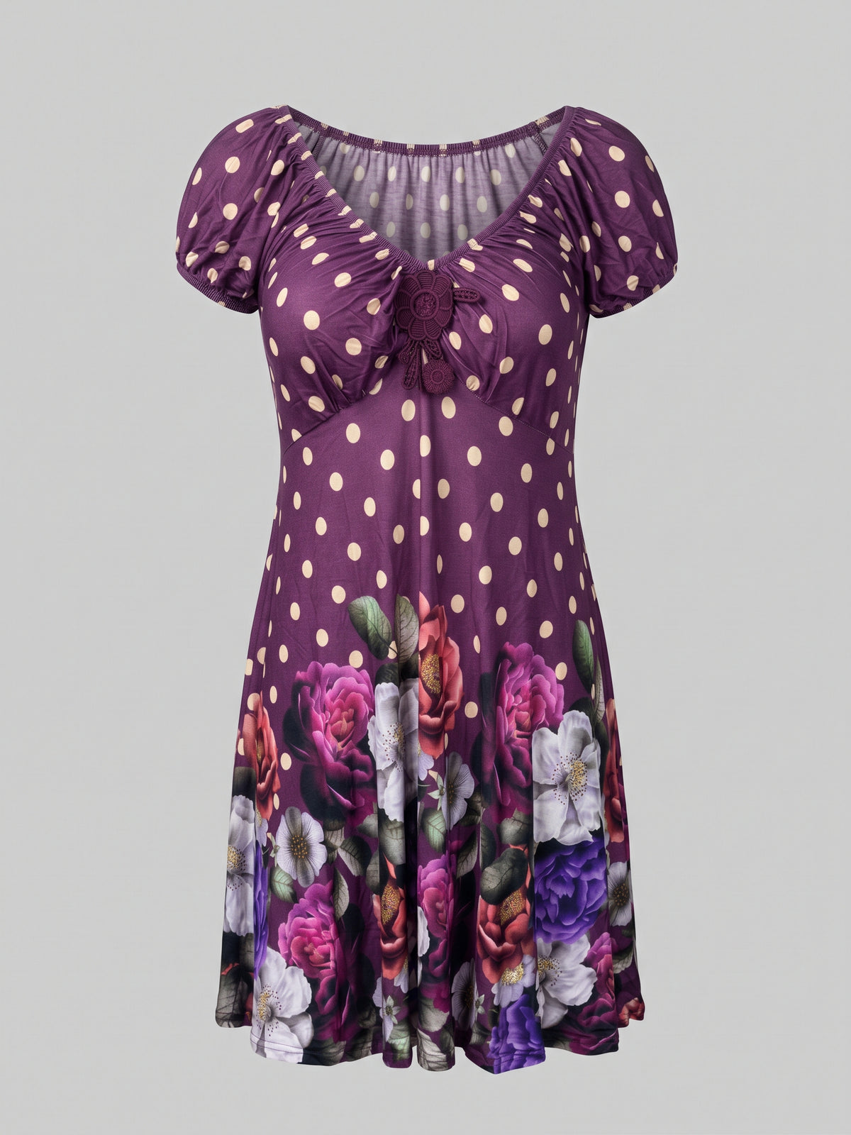 Elegant summer short dress with floral and polka dot print